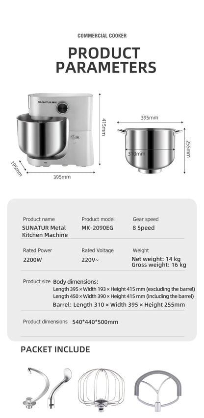 SUNATUR 16L Stand Mixer 2200w electric kitchen blender Commercial Food processor Large capacity Two kneading hooks dough mixer