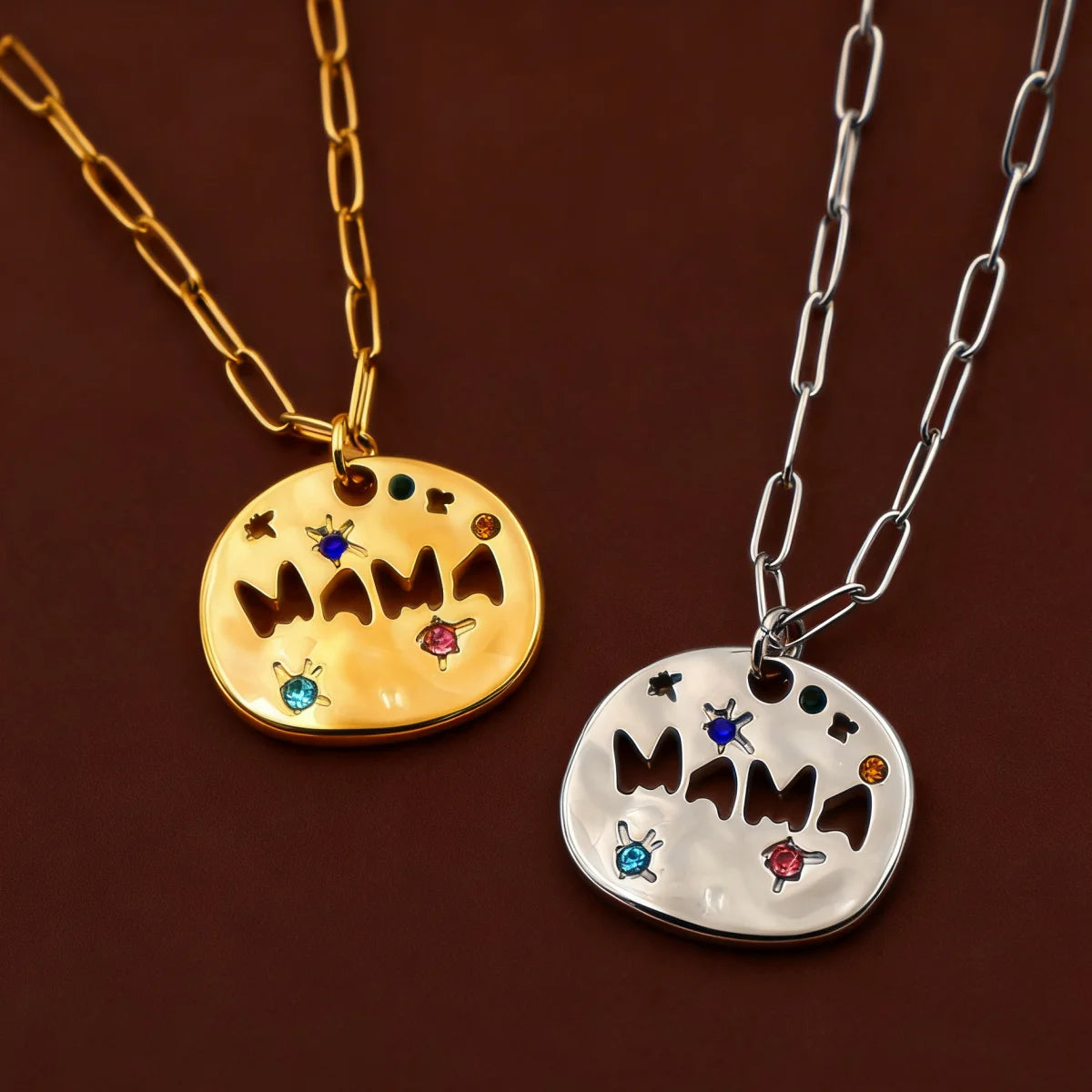 Mother's Day Thanksgiving Pendant Necklace Colorful Full Zircon Irregular Round Letter Mama Stainless Steel Paperclip Necklace