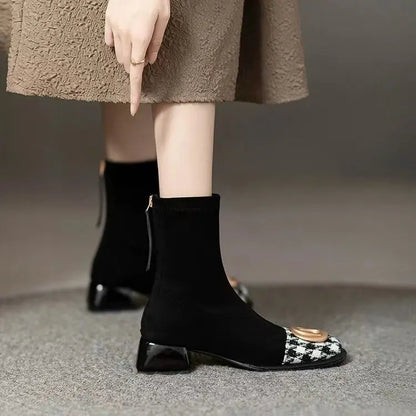 Women Mid Heels Chelsea Boots Chunky Suede Ankle Shoes Winter 2024 Fashion New Zipper Boots Pumps Walking Punk Warm Sock Botas