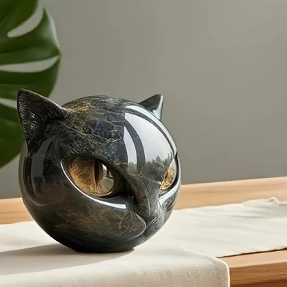 Cat Head Statue - Elegant Marble-like Glossy Resin Sculpture with Golden Eyes & Black Marble Texture,Desktop Decor for Home/Offi