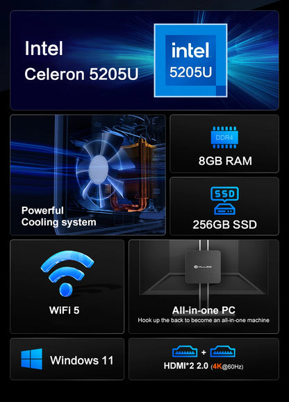 MLLSE M2 Plus Mini PC Intel Celeron 5205U Processor 8GB RAM 256GB ROM WiFi 5 BT4.2 Windows 11 Pro Desktop Computer