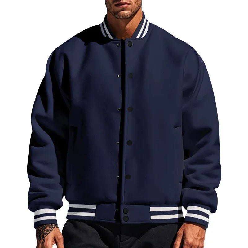 Men's Baseball Jacket with Stand-up Collar Button, Flight Jacket Monochromatic Loose, Casual, American Sports, Autumn and Winter