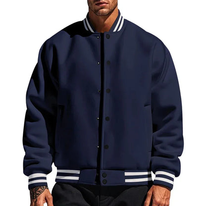 Men's Baseball Jacket with Stand-up Collar Button, Flight Jacket Monochromatic Loose, Casual, American Sports, Autumn and Winter