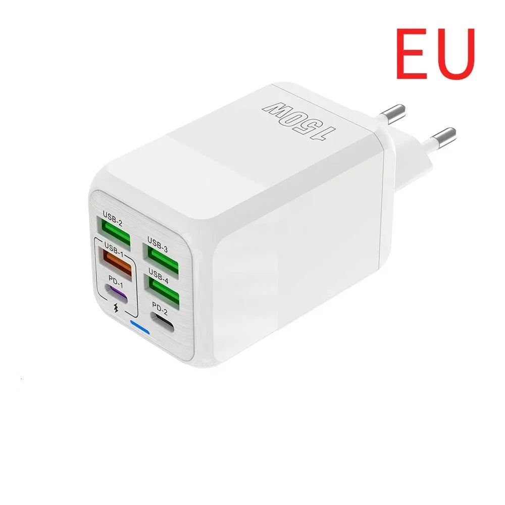 150W Multi Port USB Charger 6 Ports Fast Charge Phone Charger Wall Adapter For iPhone Samsung Xiaomi EU/US/UK Plug Quick Charger