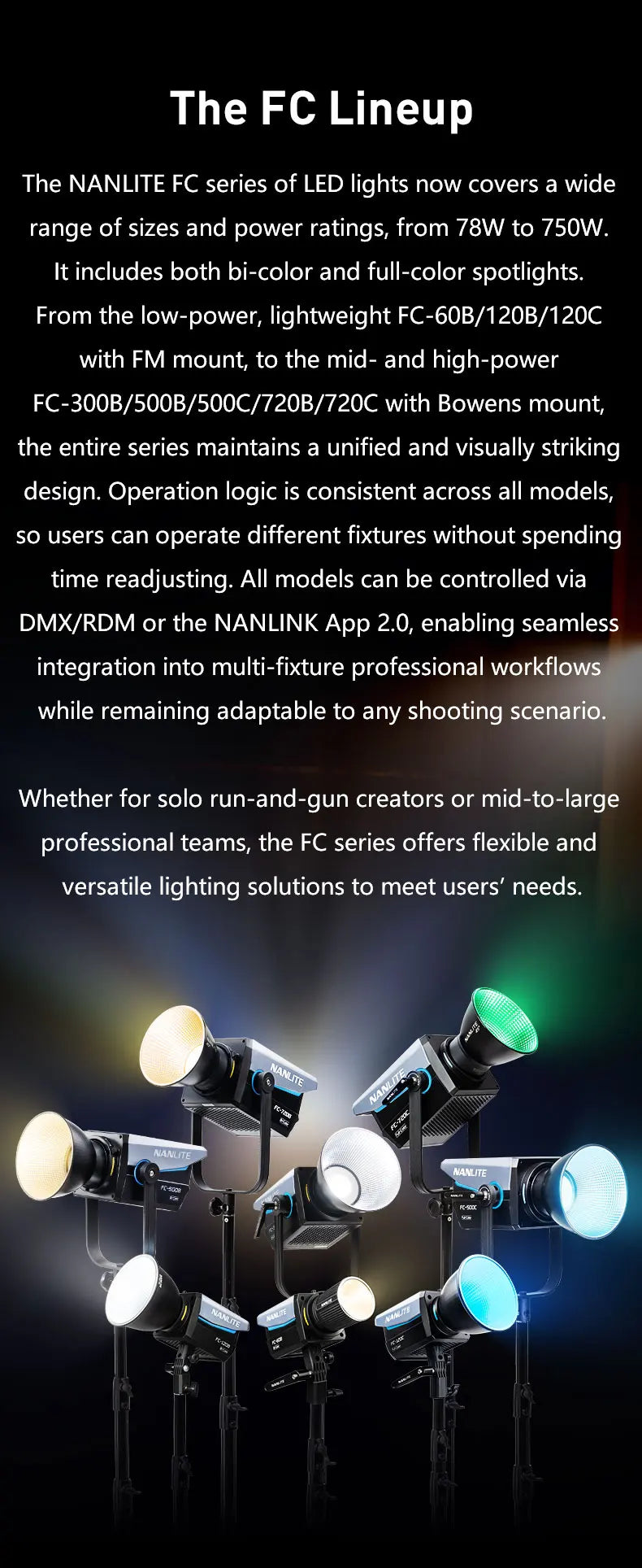 Nanlite FC-720B FC-720C Bowens Mount Video COB Fill Lighting Smart APP Control Bi-color / RGB 2 Version Available for Filmmaking