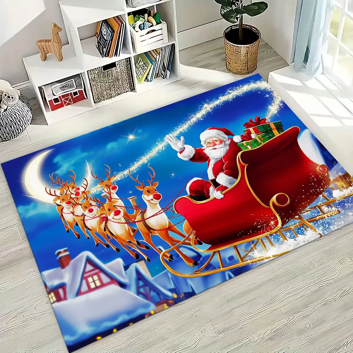 Happy New Year Merry Christmas Tree Santa Claus Cartoon Gift Carpet Rug for Bedroom Living Room Sofa Home Doormat Decor,Non-slip
