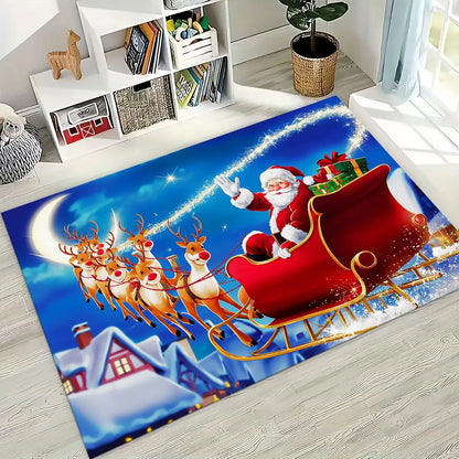 Happy New Year Merry Christmas Tree Santa Claus Cartoon Gift Carpet Rug for Bedroom Living Room Sofa Home Doormat Decor,Non-slip