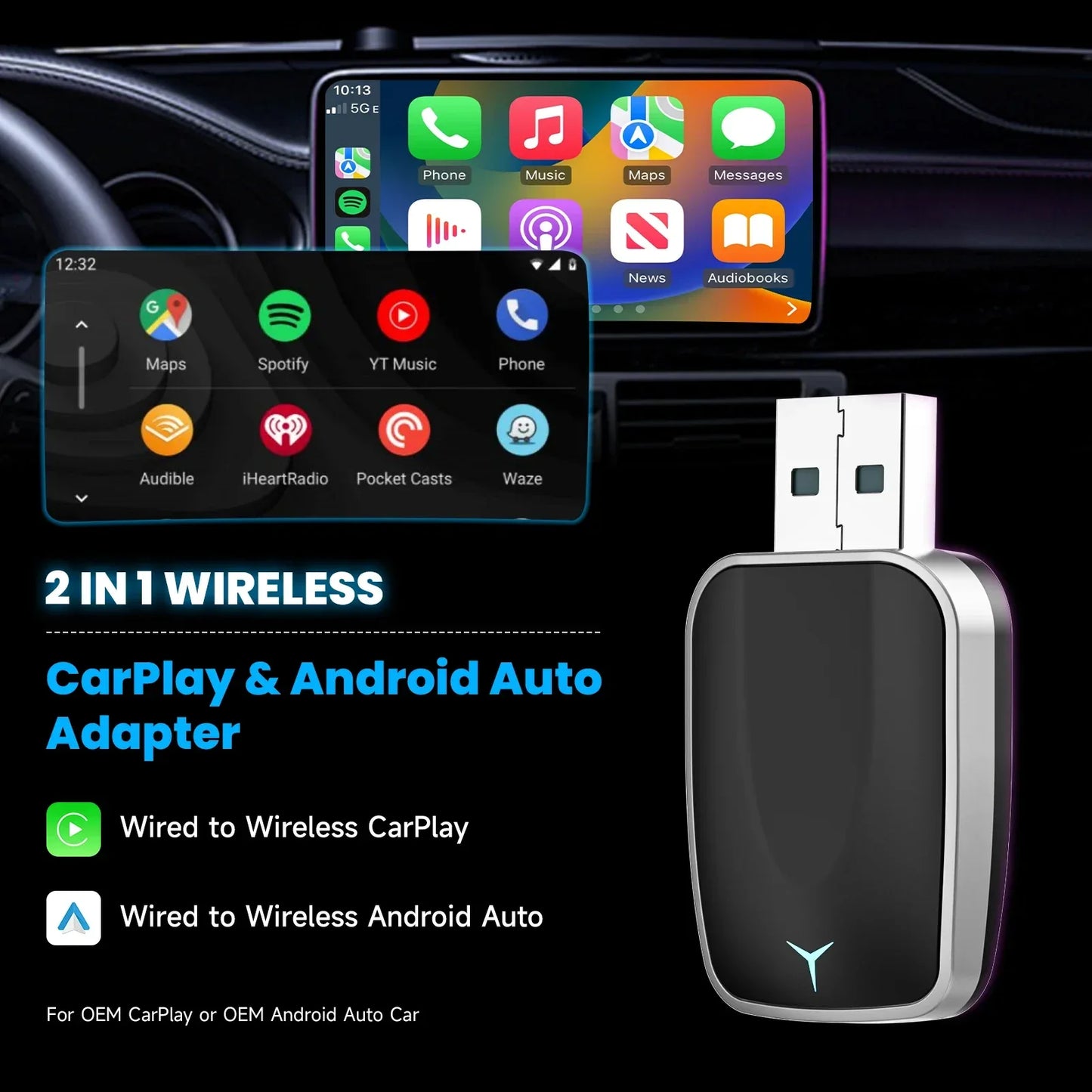 Carplay Android Auto Wireless Adapter 2 in 1 Carplay Adapter for OEM Car Stereo with USB Plug and Play Wired To Wireless