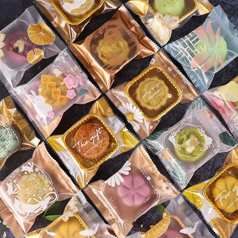 100Pcs Mooncake Wrapping Bag Machine Seal Plastic Bags For Egg Yolk Cookie Packaging Mid-Autumn Festival Party Decor Supplies