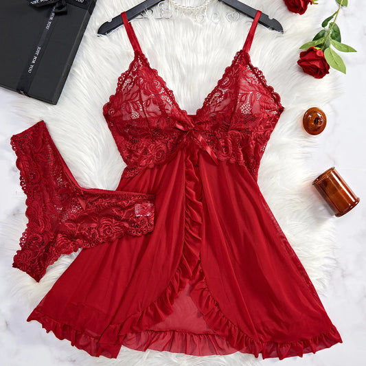 Summer Sexy Lingerie Dress Women Lace See Through Nightdress Sleepwear Solid Slim Soft V Neck Full Slip Sleepwear & Dresses by PDG ibma