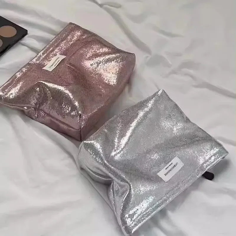 Portable Large Capacity Shiny Sequins Cosmetic Bags Silver Champagne for Women Toiletries Skincare Storage Bag Make Up Pouch