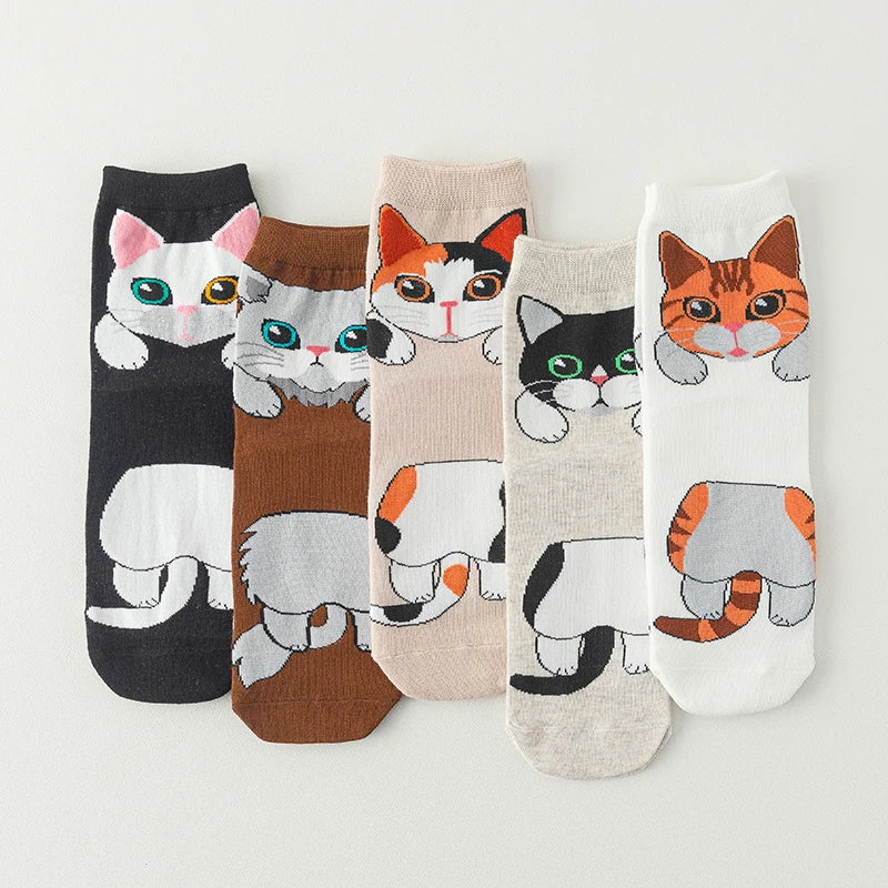1/5 Pairs New Arrivals Women Socks Cartoon Animal Cat Spring Autumn Kawaii Comfortable School Girls Female Casual Funny Socks