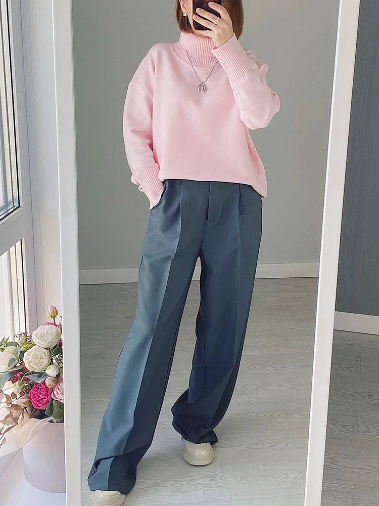 Winter Pink Turtleneck Sweaters Women Oversized Autumn Warm Women's Jumper Loose Basic White Turtleneck For Women Pullovers