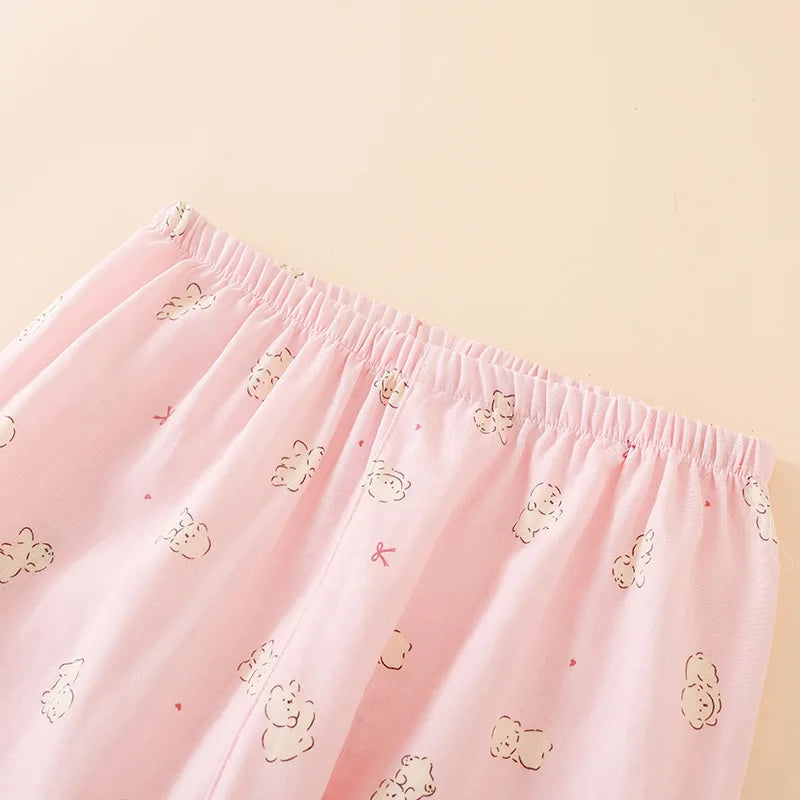 Summer Women Pajamas 3 Pieces Set 100% Gauze Cotton Female Sleepwear Bedroom Set Short sleeved long pants + shorts Woman Piiama