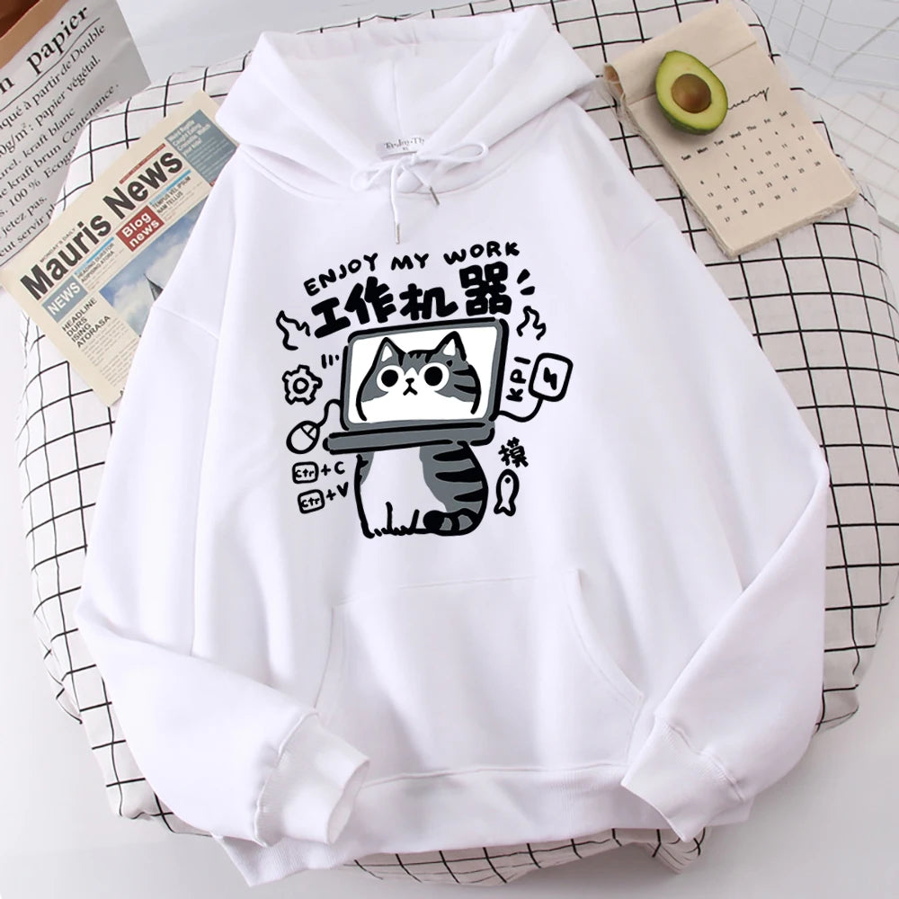 The Cartoon cat is an abstract working machine printed men's hoodie that is comfortable and casual