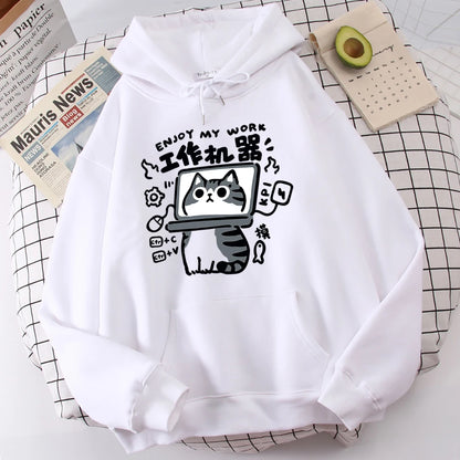 The Cartoon cat is an abstract working machine printed men's hoodie that is comfortable and casual