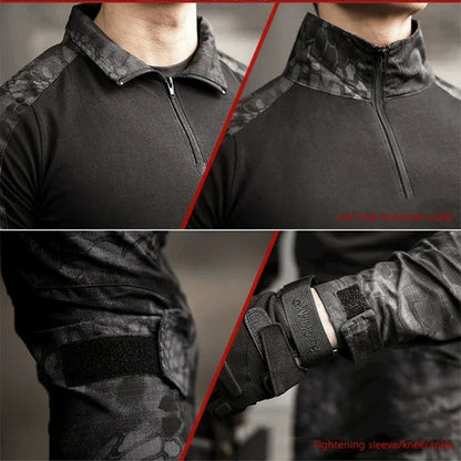 Outdoor Long Sleeve Tactical Shirts Combat Shirt 1/4 Zipper Ripstop Cotton Wear-resisting Camo Airsoft T Shirts Men Clothing