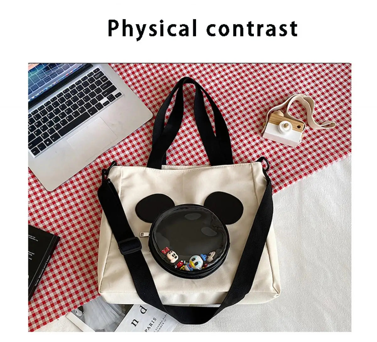 Cute Cartoon Mickey Portable Tote Fashion Canvas Outside To Carry Shopping Bags Tide Shoulder Diagonal Bag
