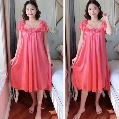Women's Nightdress Loungewear Ladies Ice Silk Nightgowns Sleeping Dress Medium Length Short Sleeve Home Wear Pyjama Sleepwear