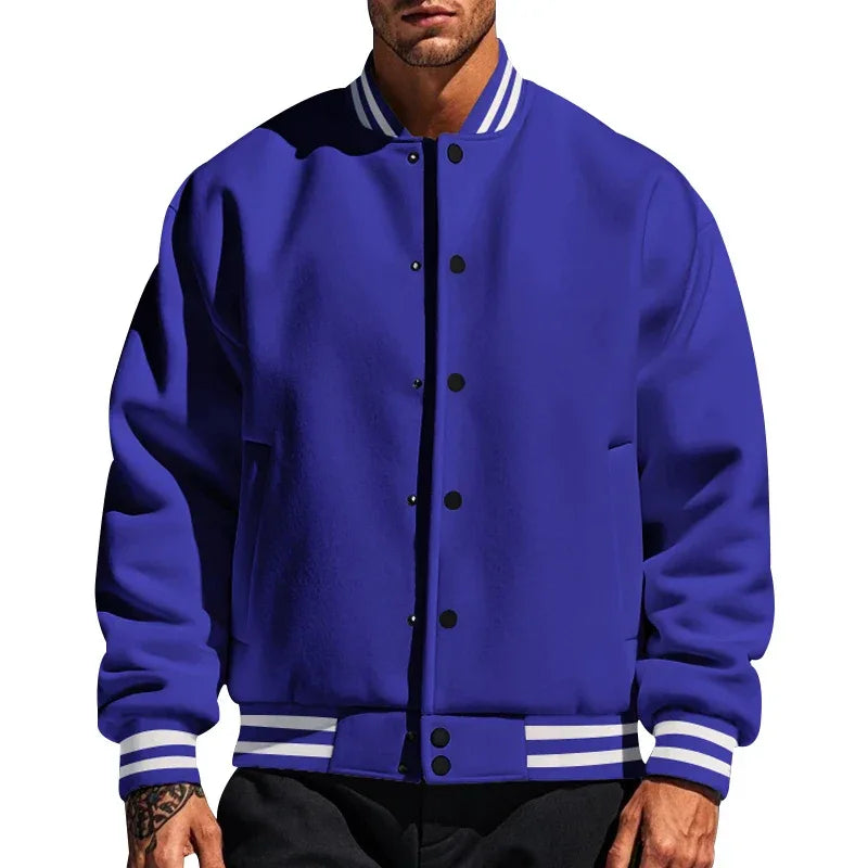 Men's Baseball Jacket with Stand-up Collar Button, Flight Jacket Monochromatic Loose, Casual, American Sports, Autumn and Winter
