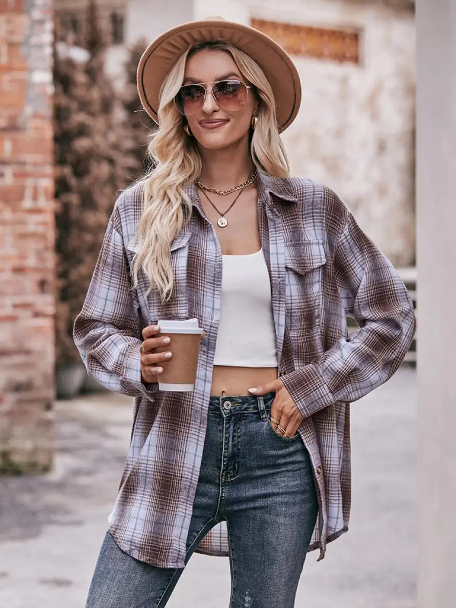 Autumn Plaid Shirt Women Long Sleeve Turn-down Collar Oversize Shirts Female Stylish Vintage Casual Blouse Ladies Chemise