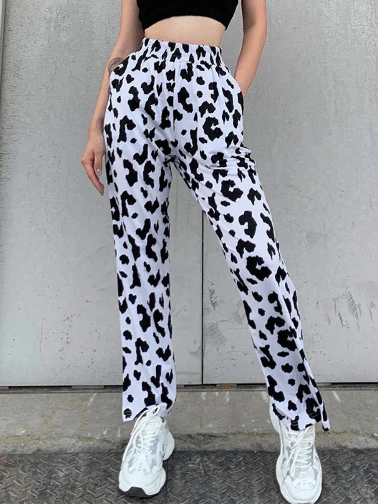 2023 Brown Leopard Y2K Joggers Women High Waist Flare Pants Double Layer Mesh Girl Aesthetic Tie Dye Trousers Female Sweatpants