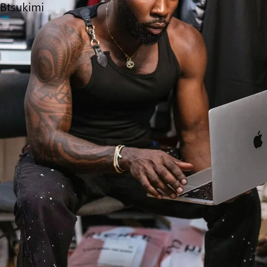 2026 Streetwear Men's Sexy Chain Button Straps Tank Tops Hip Hop Vest T-shirts Men Sleeveless Elastic Slim Fitness Muscle Vests
