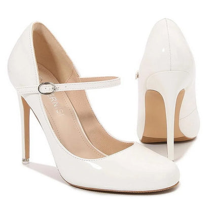 Women Patent Leather High Thin Heel Shoes Ankle Strap Women Pumps for Office Nightclub Party Wedding Cross Dressing Wide Shoes