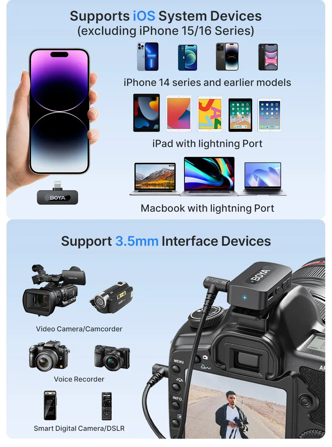 BOYA BY-V3 Wireless Lavalier Lapel Mirophone Noise-cancelling Rechargeable Mic for iPhone Android Camera Live Streaming Vlogging