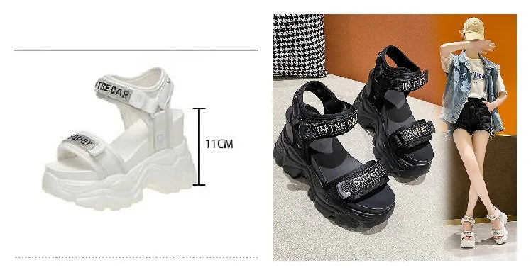 New Summer Black Women High Platform Sandals 11CM Wedge Heels Bling Slippers Peep Toe High Heels White Leather Chunky Flip-Flops
