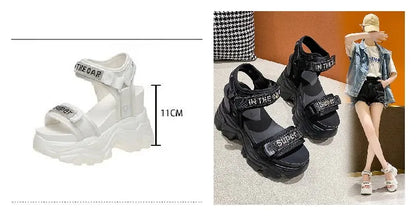 New Summer Black Women High Platform Sandals 11CM Wedge Heels Bling Slippers Peep Toe High Heels White Leather Chunky Flip-Flops