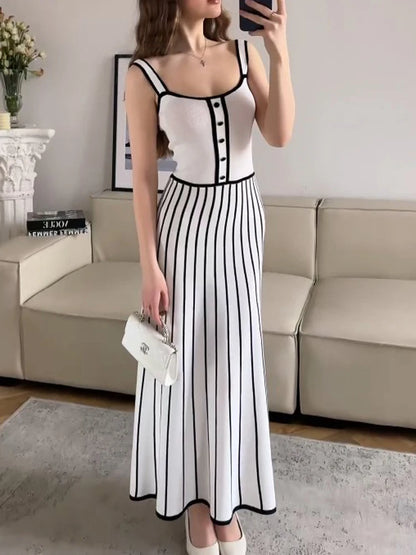 Tossy Striped Knit Backless Maxi Dress Women Slim Contrast Strapless Fashion Elegant Party Dress 2024 Knitwear Female Long Dress