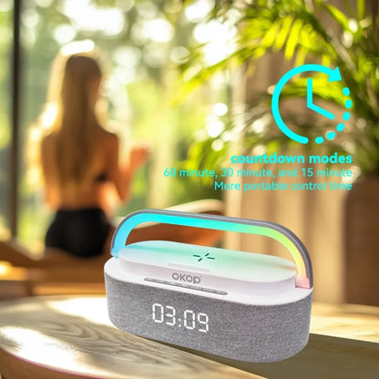 OKOP Bluetooth Speakers,6 in 1 Multi-function,Alarm Clock, Wireless Charger RGB Night Light , Audio,portable Speaker,White Noise