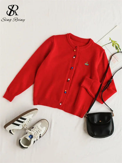 SINGREINY Knitted Solid Soft Sweater Cardigan Ladies O-Neck Full Sleeves Pearls Buttons Chic Design Autumn Casual Warm Pullover