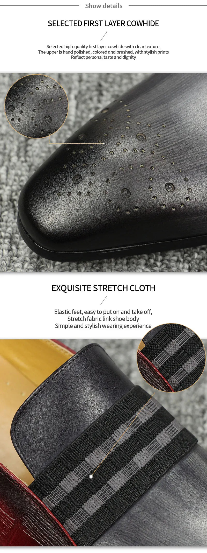 Loafer Men Fashion Cowhide Shoes Casual Gentleman Party Wedding  Leather Shoes Gray Red Mixed Striped Elastic Band Footwear
