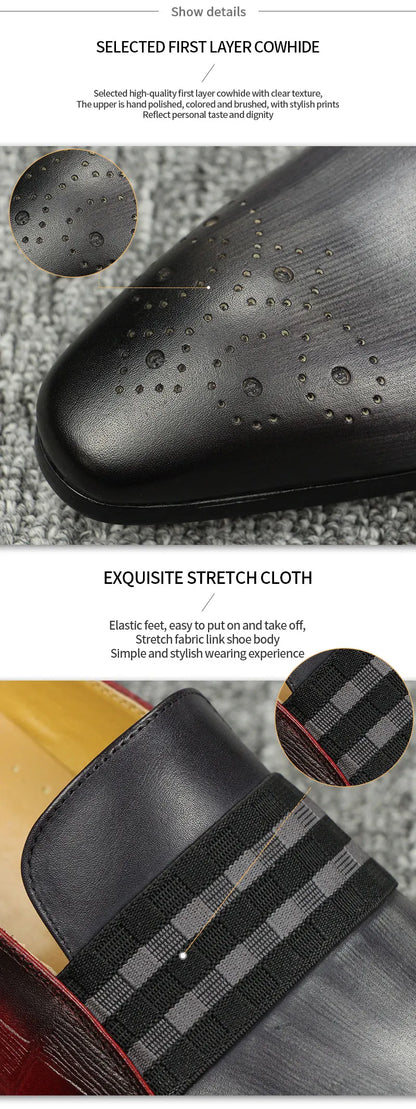 Loafer Men Fashion Cowhide Shoes Casual Gentleman Party Wedding  Leather Shoes Gray Red Mixed Striped Elastic Band Footwear