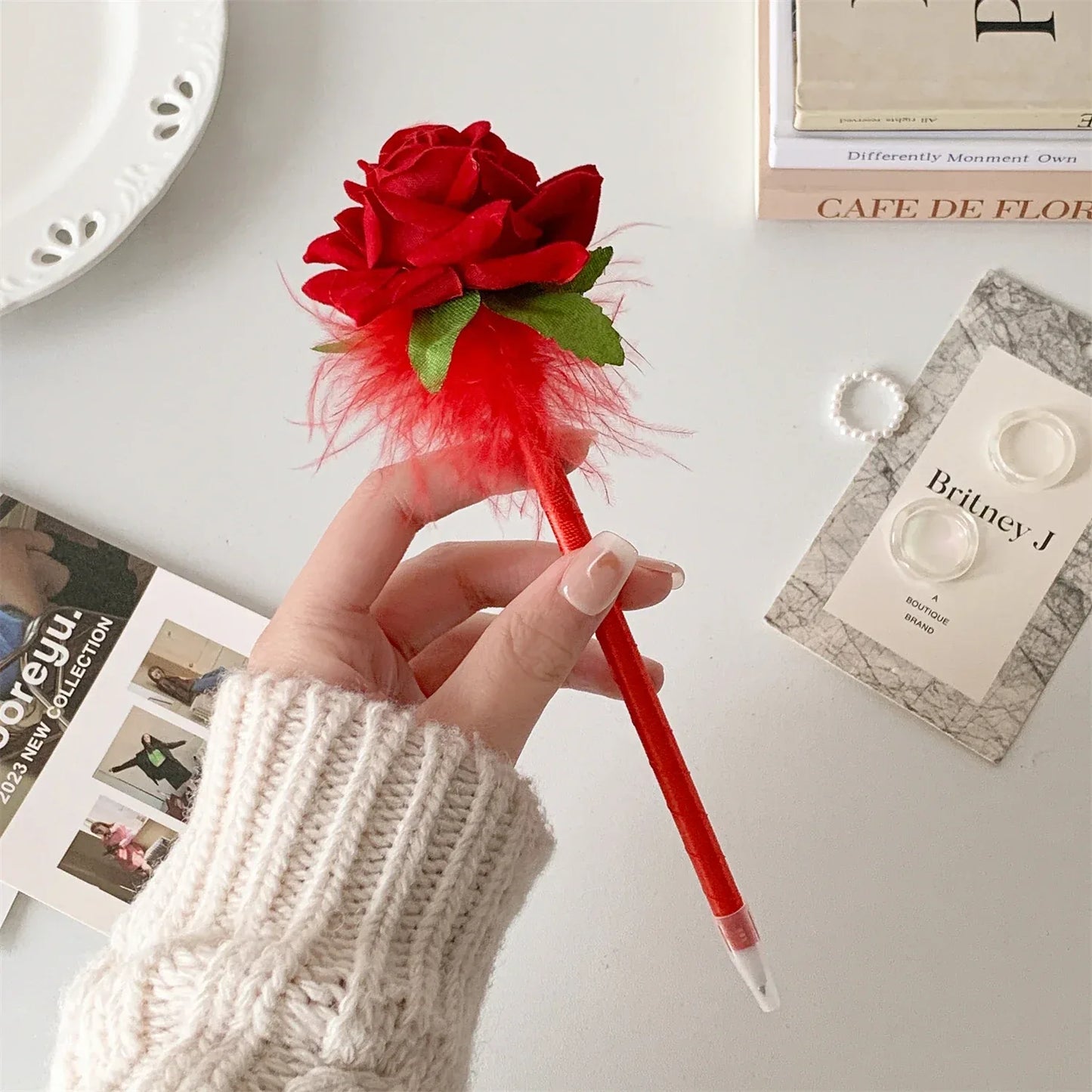 10pcs/set Simulated Rose Shaped Ballpoint Pen Valentine's Day Desktop Decoration Supplies Student Writing Supplies Set