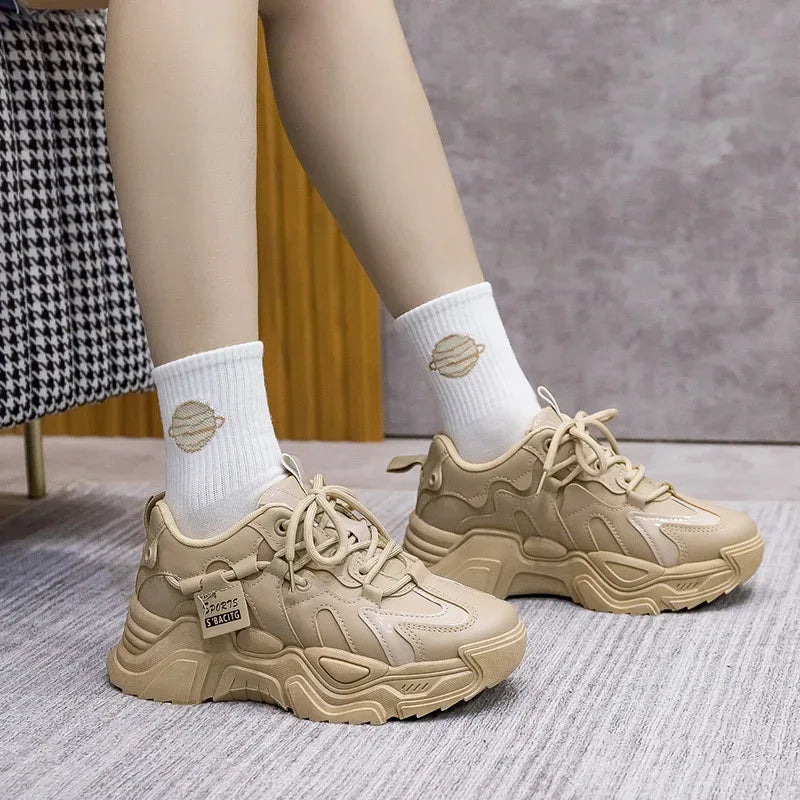 Women's Shoes Platform Autumn Leather 2025 New Versatile Black Casual Sneaker Solid Color Lace-up Vulcanize Shoes Tenis Feminino
