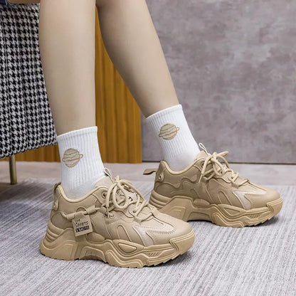 Women's Shoes Platform Autumn Leather 2025 New Versatile Black Casual Sneaker Solid Color Lace-up Vulcanize Shoes Tenis Feminino
