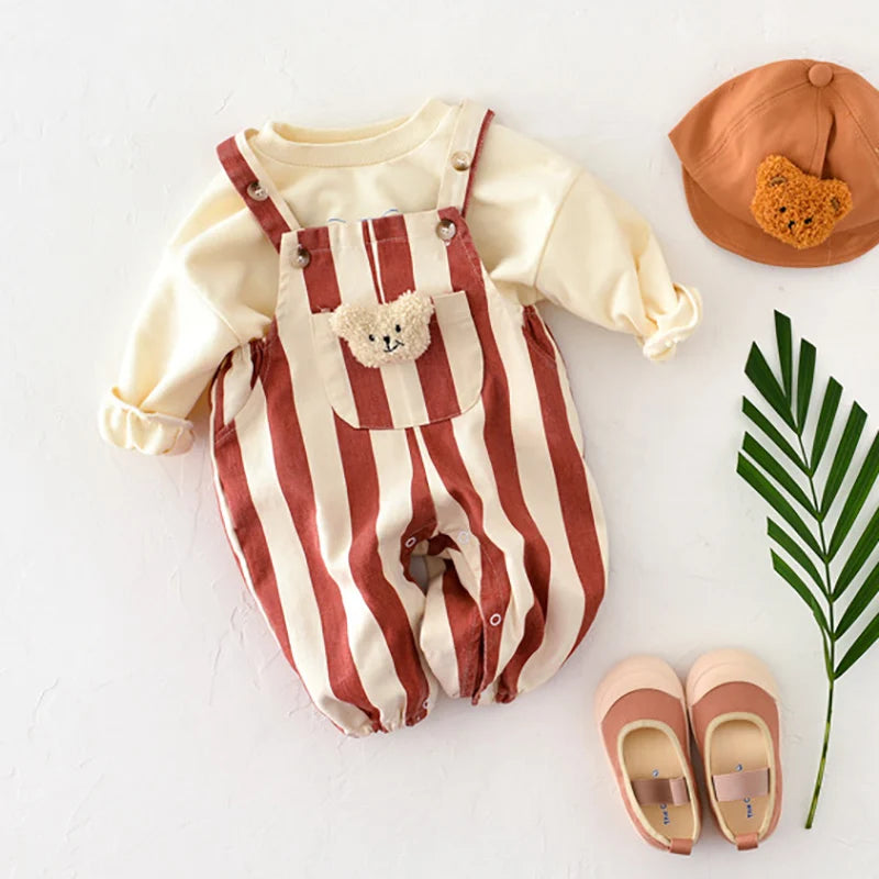 2026 Autumn New Stripe Infant Newborn Clothing Baby Boys Girl Straps Pants Overalls for 0-2Y Cartoon Bear One Piece Jumpsuit