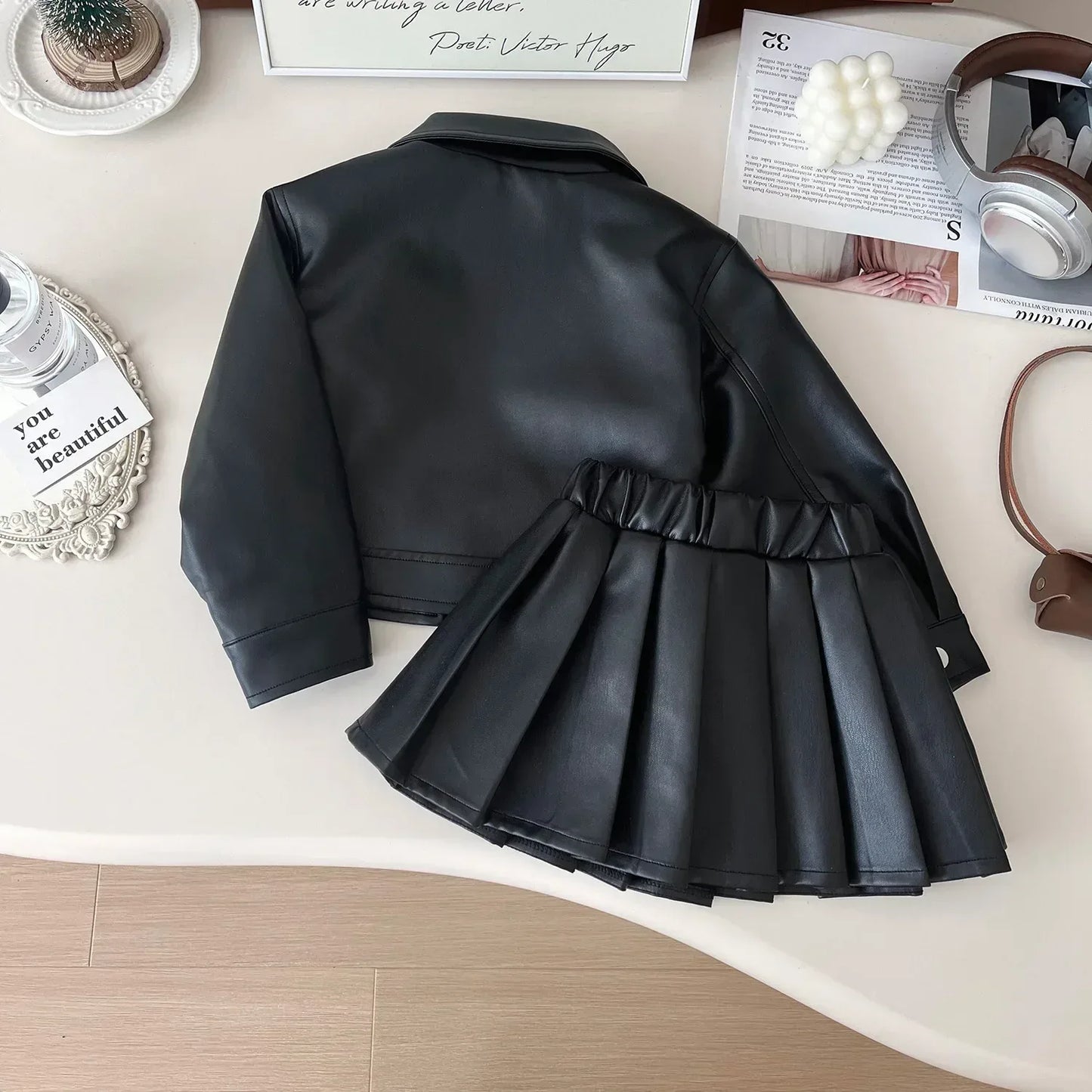 2024 Girls Baby Spring Autumn Winter PU Clothing Set Fashion Kids Leather Zipper Jackets+skirts Children 2pcs Birthday Clothes