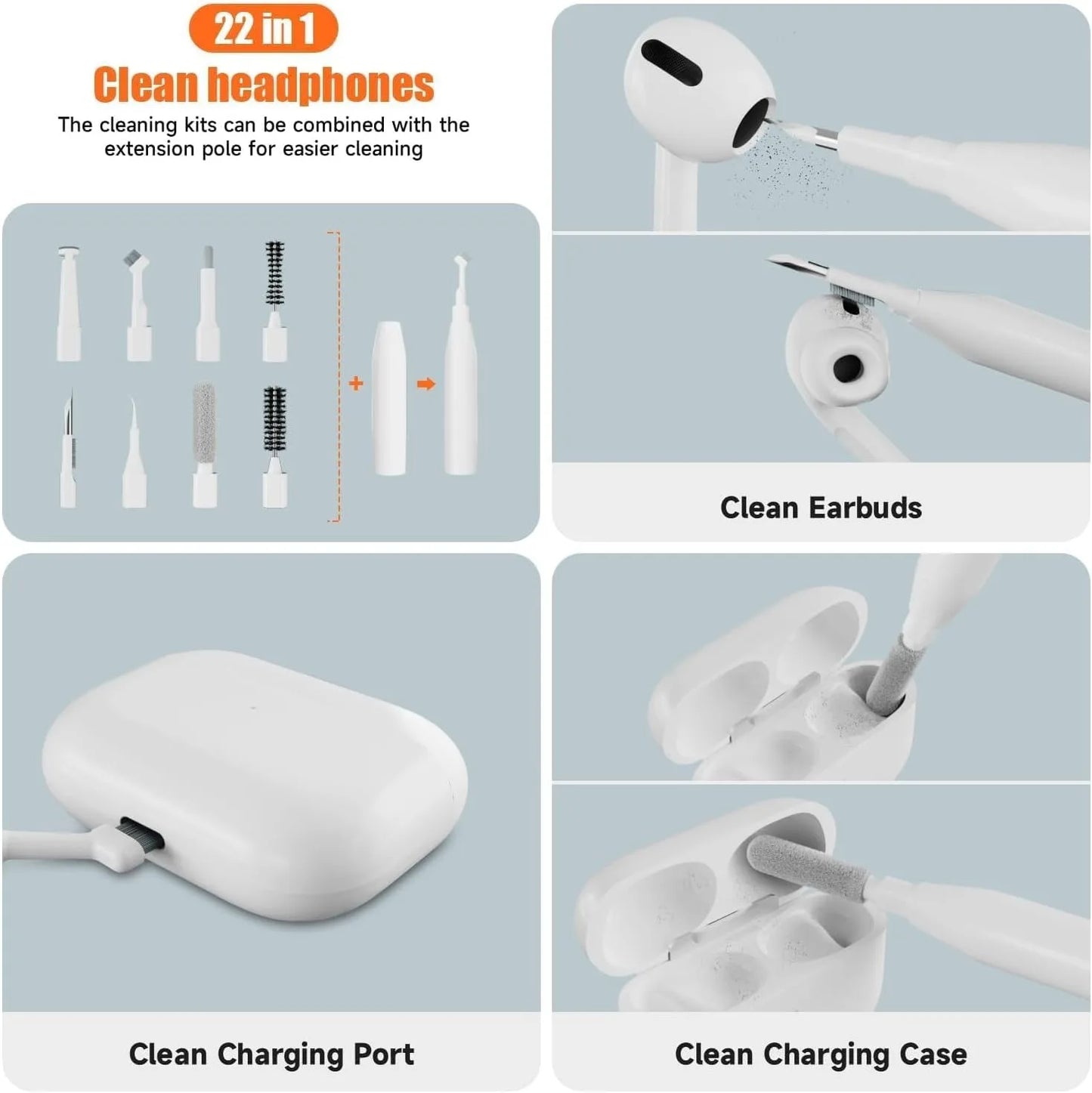 All-in-One Multi-Tool Cleaning Kit for iPhone, AirPods, Android, Earbuds, Keyboard, USB-C Port Dust Removal, with Soft Brushes,