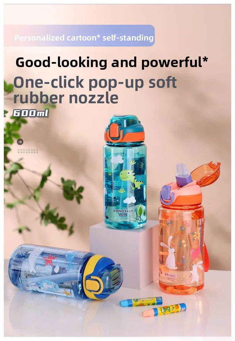 Dinosaur Themed Camping Bottle For Water Drinking Cup With Straw 600ml BPA Free Leakproof Kids Sports Bottle Lightweight Durable