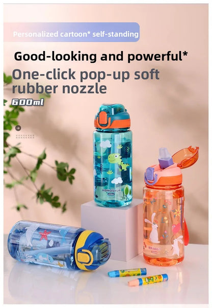Dinosaur Themed Camping Bottle For Water Drinking Cup With Straw 600ml BPA Free Leakproof Kids Sports Bottle Lightweight Durable