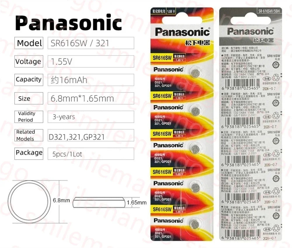 Panasonic 2-50PCS SR616SW 1.55V Watch Battery 321 D321 GP321 Longines Rossini Armani quartz Silver oxide Button Cell