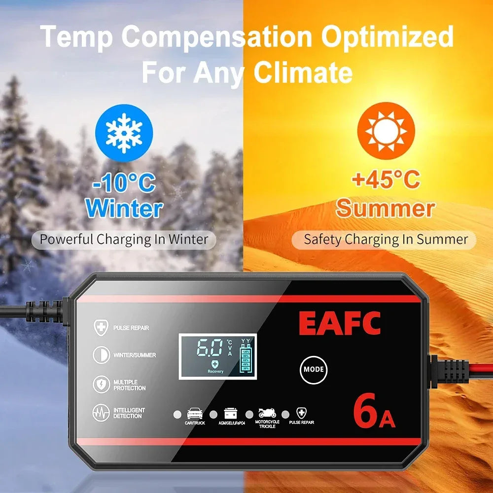 EAFC Fully Automatic 12V 6A Smart Car Battery Charger Pulse Repair LCD Display for Auto Moto AGM GEL WET Lead Acid LiFePO4