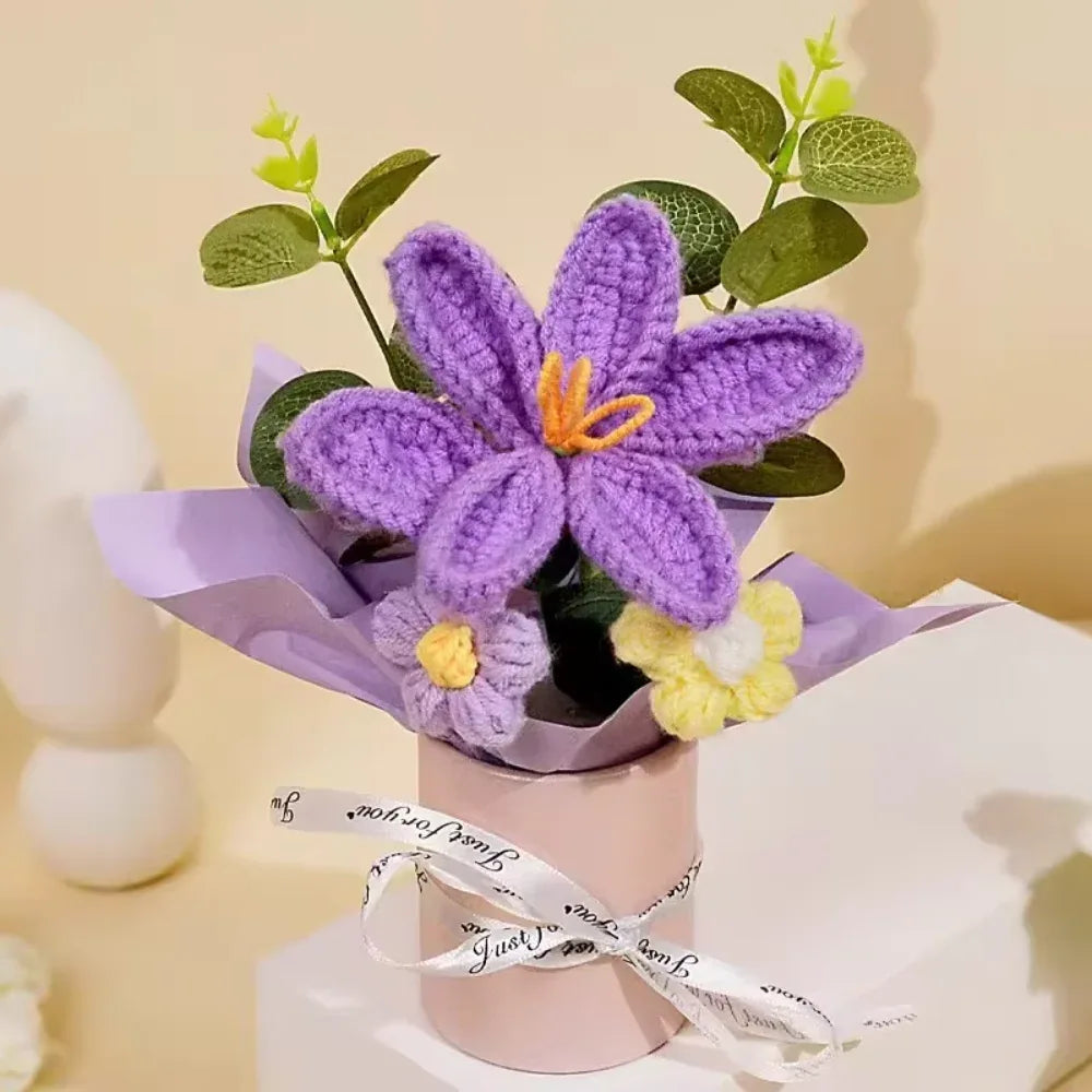 DTCTK Knitted Flower Bouquet Crochet Rose Flowers Hugging Bucket Christmas Gifts Living Room Desk Decoration Valentine's Day Gif