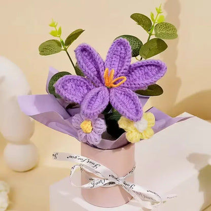 DTCTK Knitted Flower Bouquet Crochet Rose Flowers Hugging Bucket Christmas Gifts Living Room Desk Decoration Valentine's Day Gif