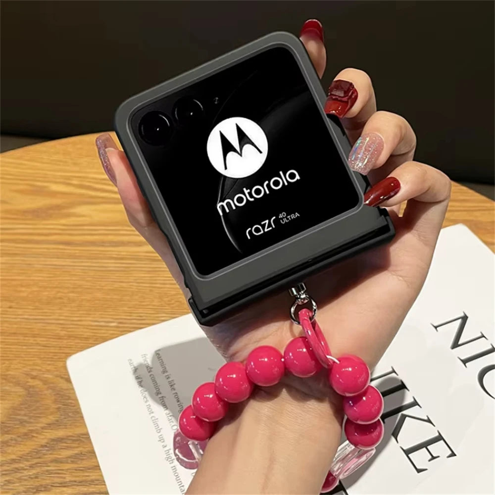 Korean Cute Pink Beads Bracelet Strap Love Phone Case For Motorola Razr 40 50 ultra For Z Flip 7/6/5/4/3 Hinge Protective Cover