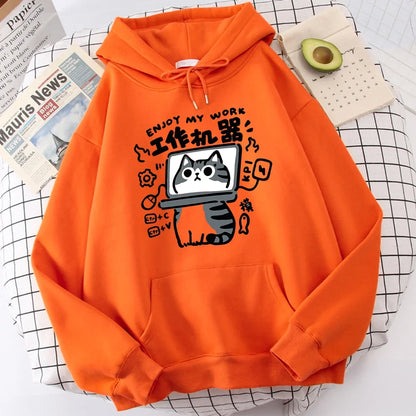 The Cartoon cat is an abstract working machine printed men's hoodie that is comfortable and casual